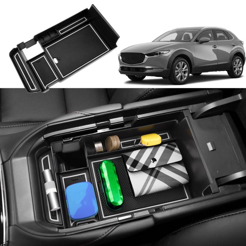 Coleya Mittelkonsole Aufbewahrungsbox Kompatibel mit Mazda CX-30 2019-2024, Mazda CX 30 Zubehör Armlehne Organizer, CX-30 Mittelarmlehne Handschuhfach Mit Rutschfestermatte (Weiß) von Coleya