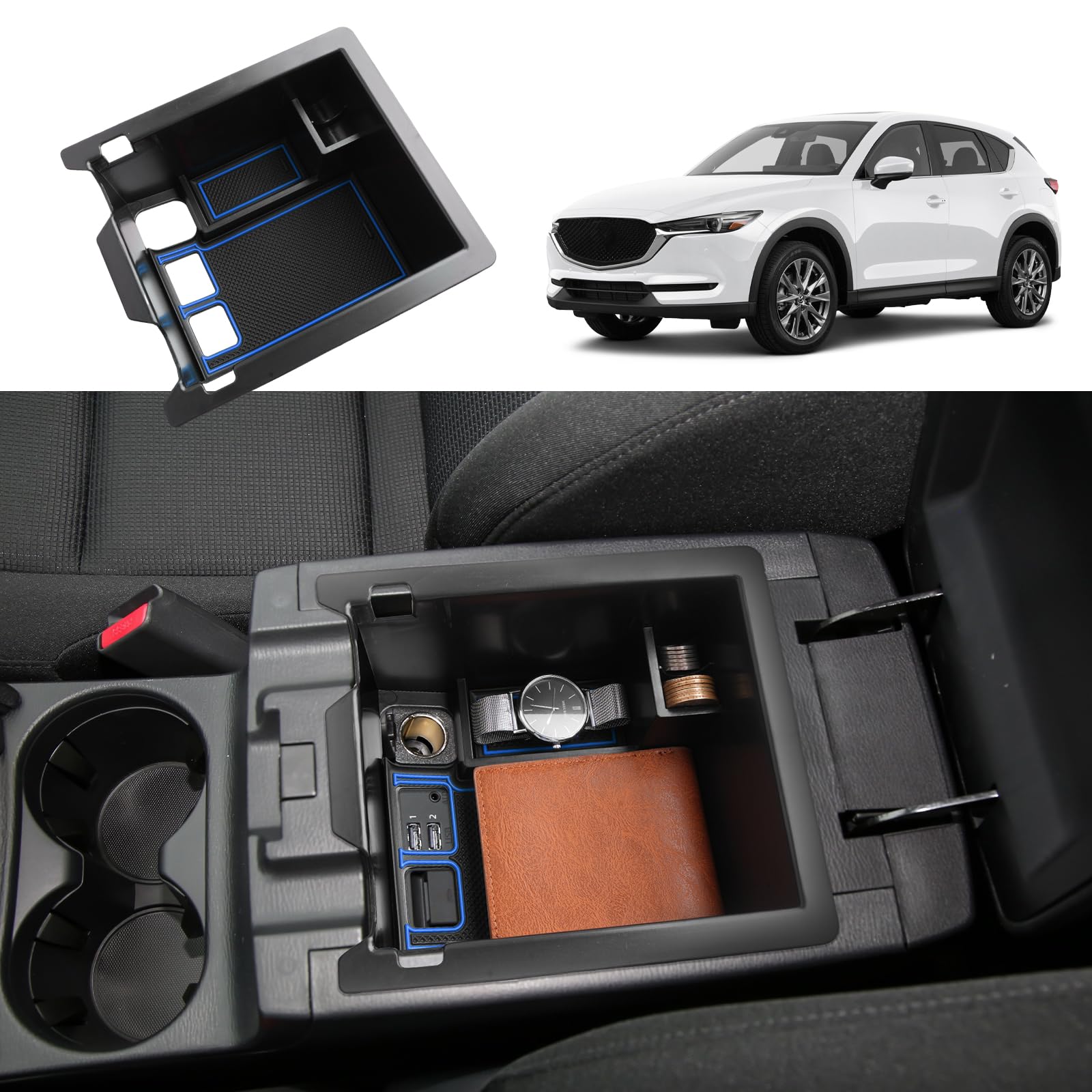 Coleya Mittelkonsole Aufbewahrungsbox Kompatibel mit Mazda CX-5 2017-2023, Mazda CX 5 Zubehör Armlehne Organizer, CX-5 Mittelarmlehne Handschuhfach Mit Rutschfestermatte (Blau) von Coleya