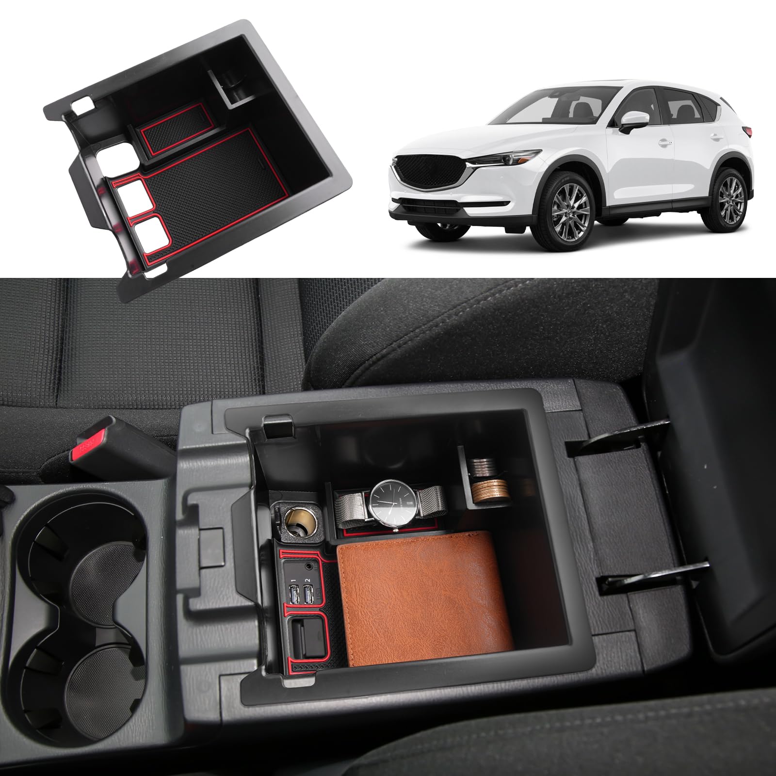 Coleya Mittelkonsole Aufbewahrungsbox Kompatibel mit Mazda CX-5 2017-2023, Mazda CX 5 Zubehör Armlehne Organizer, CX-5 Mittelarmlehne Handschuhfach Mit Rutschfestermatte (Rot) von Coleya