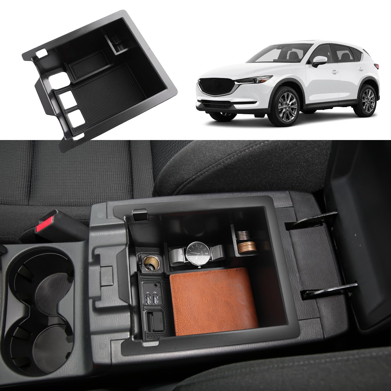 Coleya Mittelkonsole Aufbewahrungsbox Kompatibel mit Mazda CX-5 2017-2023, Mazda CX 5 Zubehör Armlehne Organizer, CX-5 Mittelarmlehne Handschuhfach Mit Rutschfestermatte (Schwarz) von Coleya