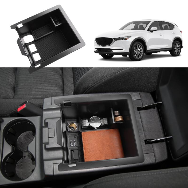 Coleya Mittelkonsole Aufbewahrungsbox Kompatibel mit Mazda CX-5 2017-2024, Mazda CX 5 Zubehör Armlehne Organizer, CX-5 Mittelarmlehne Handschuhfach Mit Rutschfestermatte (Schwarz) von Coleya