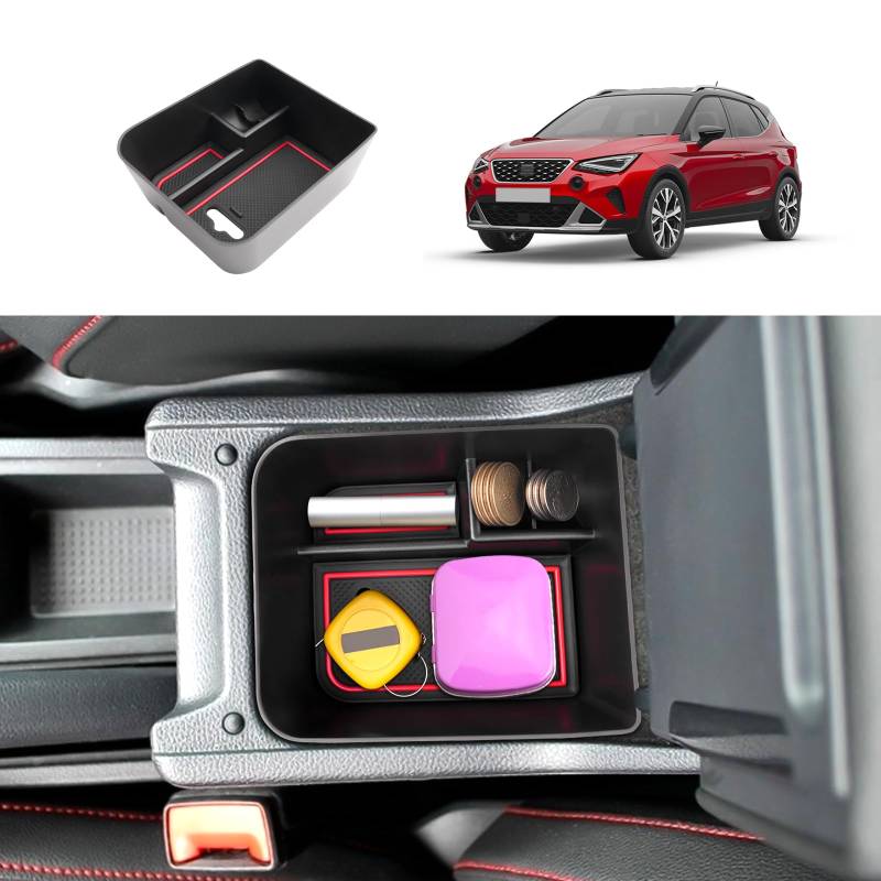 Coleya Mittelkonsole Aufbewahrungsbox Kompatibel mit Seat Arona/Seat Ibiza 2017-2024, Seat Arona Armlehne Organizer, Seat Ibiza Mittelarmlehne Handschuhfach Mit Rutschfestermatte (Rot) von Coleya