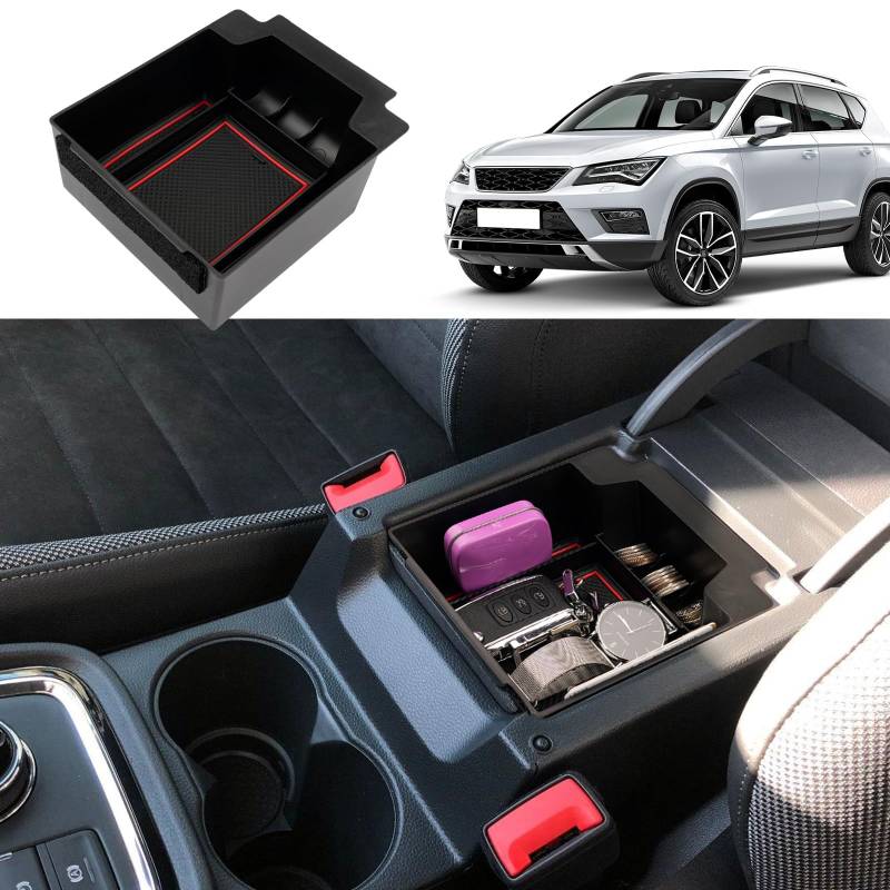 Coleya Mittelkonsole Aufbewahrungsbox Kompatibel mit Seat Ateca 2016-2024, Seat Ateca Zubehör Armlehne Organizer, Seat Ateca Mittelarmlehne Handschuhfach Mit Rutschfestermatte (Rot) von Coleya