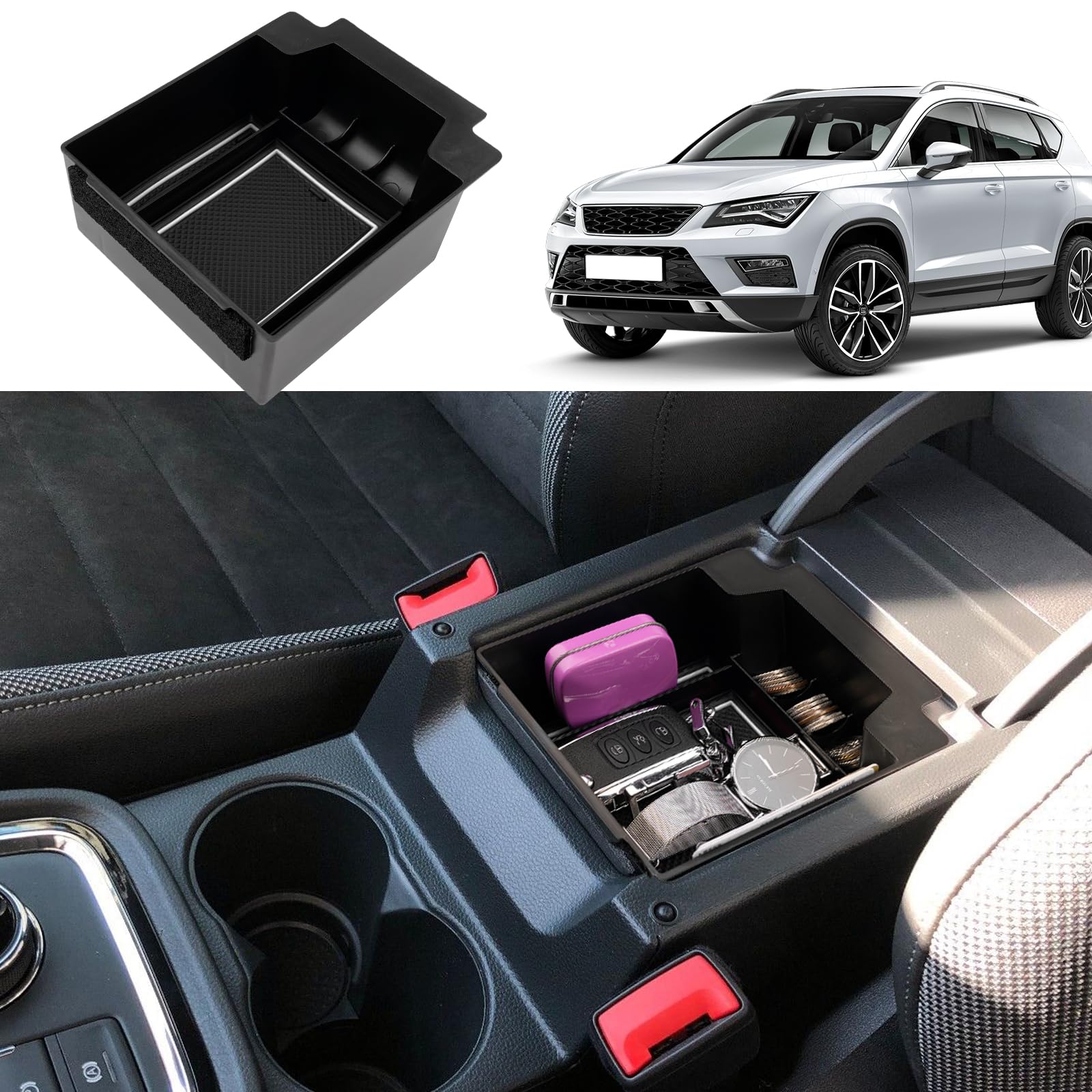 Coleya Mittelkonsole Aufbewahrungsbox Kompatibel mit Seat Ateca 2016-2024, Seat Ateca Zubehör Armlehne Organizer, Seat Ateca Mittelarmlehne Handschuhfach Mit Rutschfestermatte (Weiß) von Coleya