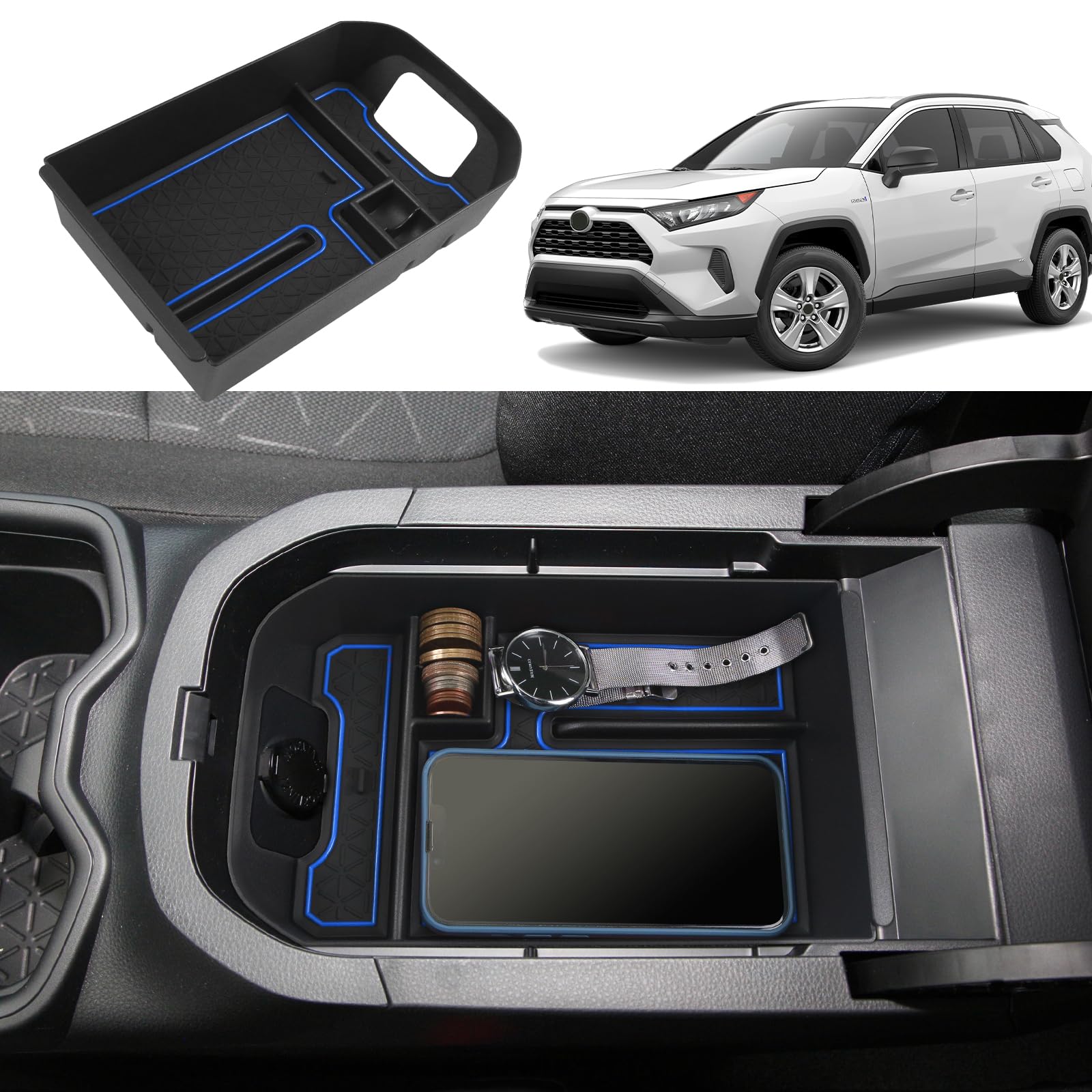 Coleya Mittelkonsole Aufbewahrungsbox Kompatibel mit Toyota RAV4 2019-2024, RAV4 Zubehör Armlehne Organizer, Toyota RAV4 Mittelarmlehne Handschuhfach Mit Rutschfestermatte (Blau) von Coleya