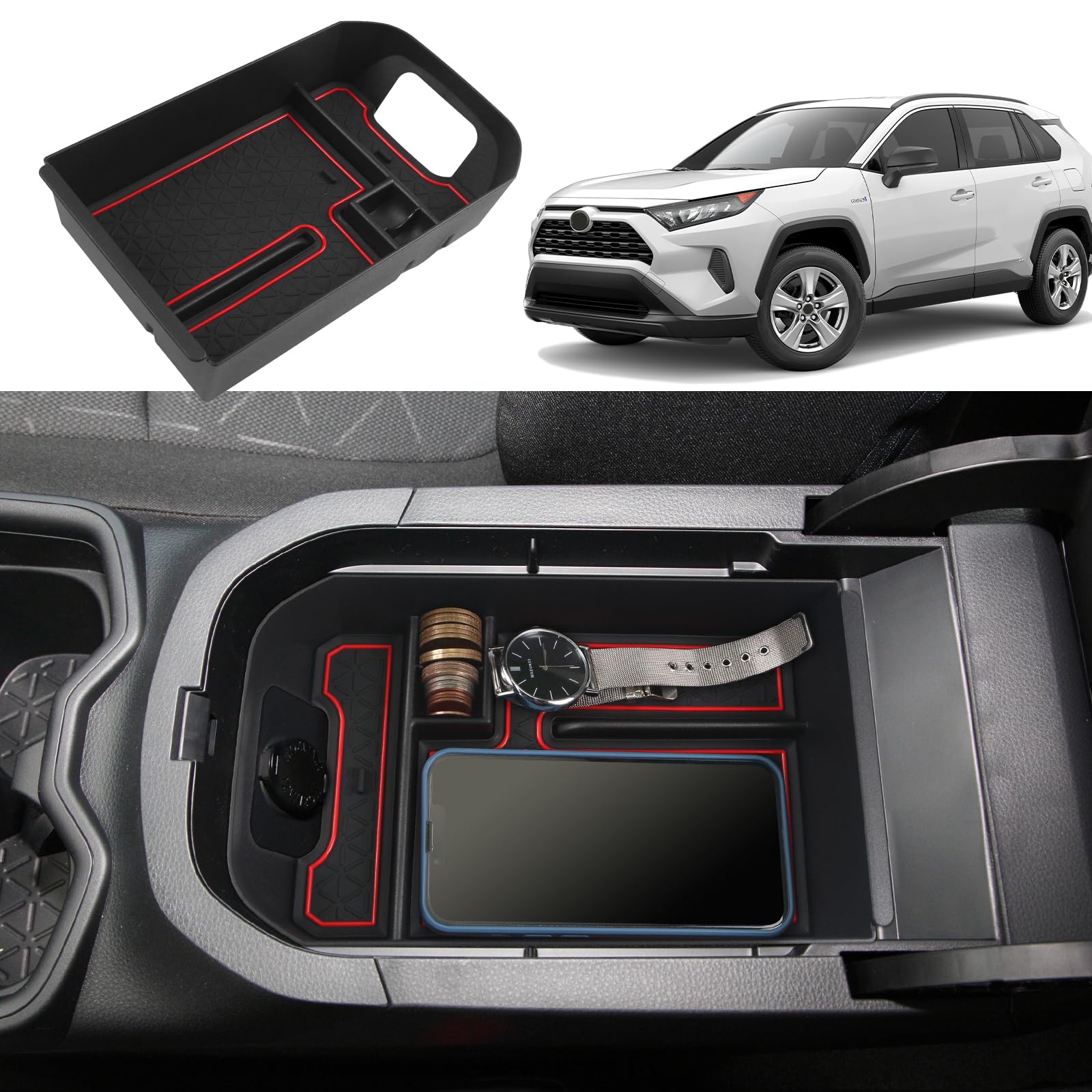 Coleya Mittelkonsole Aufbewahrungsbox Kompatibel mit Toyota RAV4 2019-2024, RAV4 Zubehör Armlehne Organizer, Toyota RAV4 Mittelarmlehne Handschuhfach Mit Rutschfestermatte (Rot) von Coleya