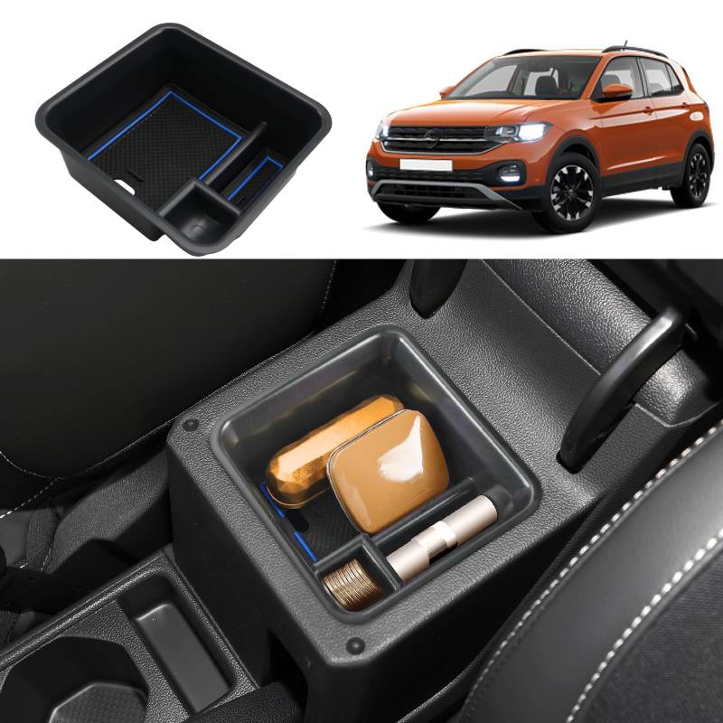 Coleya Mittelkonsole Aufbewahrungsbox Kompatibel mit VW T-Cross 2018-2024, T Cross Zubehör Armlehne Organizer, T-Cross Mittelarmlehne Handschuhfach Mit Rutschfestermatte (Blau) von Coleya