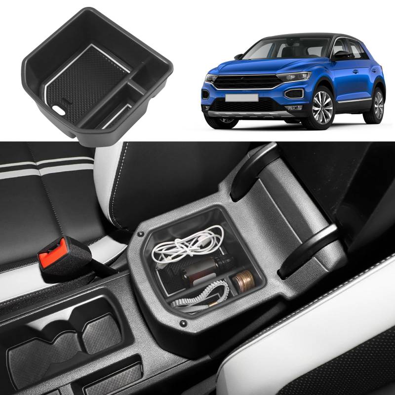 Coleya Mittelkonsole Aufbewahrungsbox Kompatibel mit VW T-ROC 2018-2024, T ROC Zubehör Armlehne Organizer, T-ROC Mittelarmlehne Handschuhfach Mit Rutschfestermatte (Weiß) von Coleya