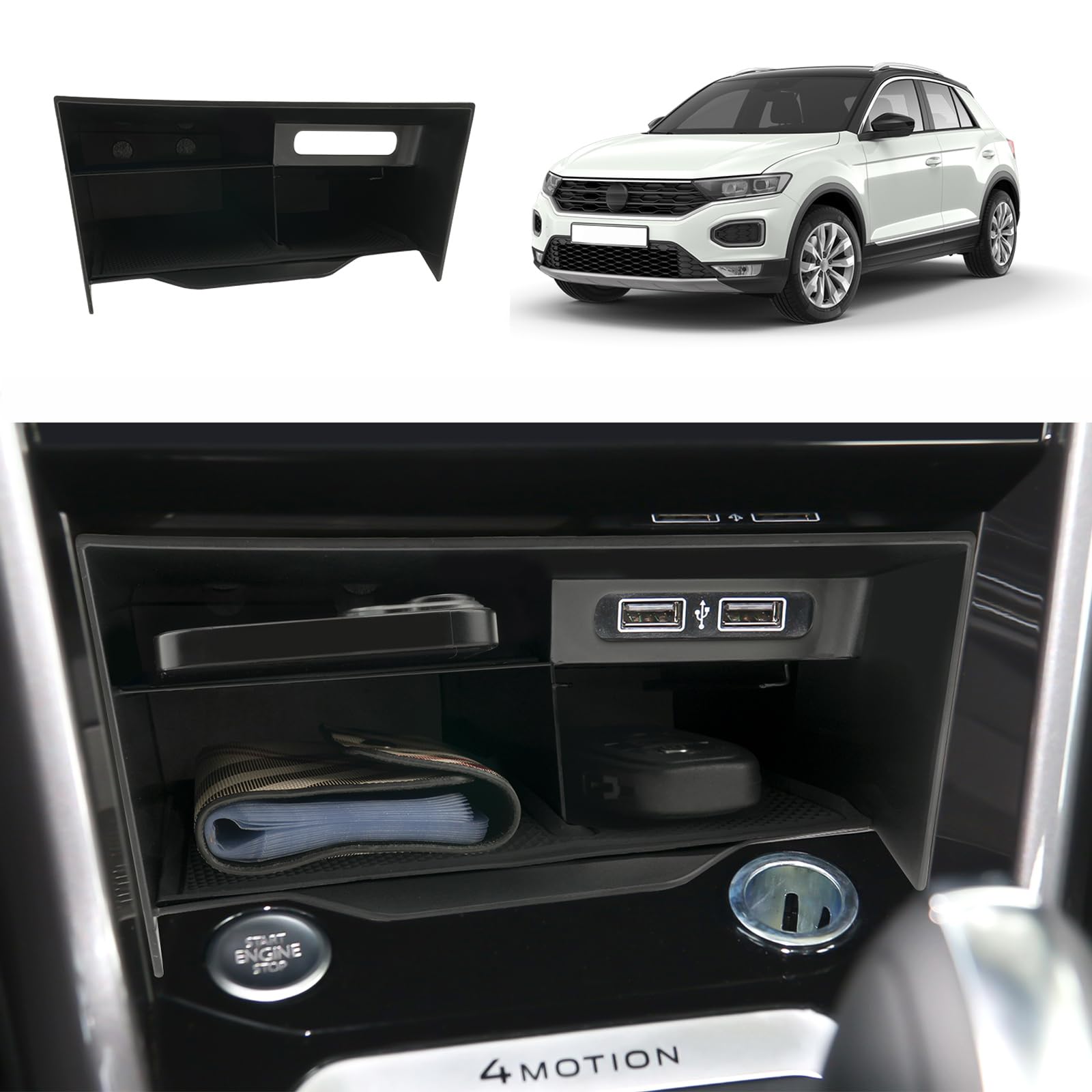 Coleya Mittelkonsole Aufbewahrungsbox Kompatibel mit VW T-ROC 2018-2024, T ROC Zubehör Mittelarmlehne Handschuhfach, T-ROC Armlehne Organizer Mit Rutschfestermatte (Schwarz) von Coleya