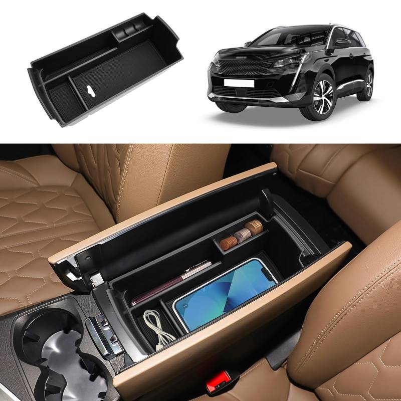 Coleya Mittelkonsole Aufbewahrungsbox Kompatibel mit Peugeot 3008 5008 GT Citroen C5 Aircross DS7 Crossback 2016-2024, Armlehne Organizer, Mittelarmlehne Handschuhfach Mit Rutschfestermatte (Schwarz) von Coleya