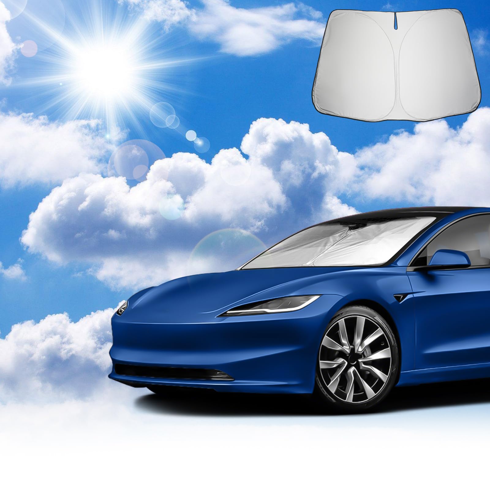 Coleya Windschutzscheibe Sonnenschutz Kompatibel mit Tesla Model 3/ Highland 2017-2024 Tesla Model Y 2020-2024, Frontscheibe Sonnenschirm, Tesla Model 3 Sonnenblende, Faltbare, UV-Strahlen Schutz von Coleya