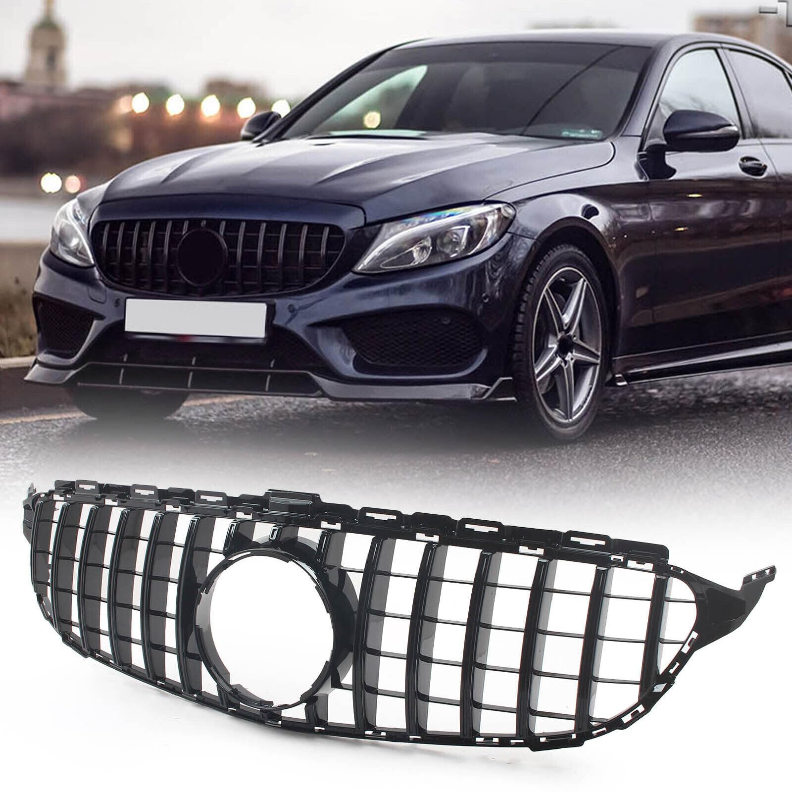 W205 Kühlergrill grill GTR GT Style Frontgrill für Mercedes C-class C180 C200 C250 C300 C350 C400 2015-2018 Schwarz glänzend（Nicht passen C63，ohne Kamera） von Collect Light