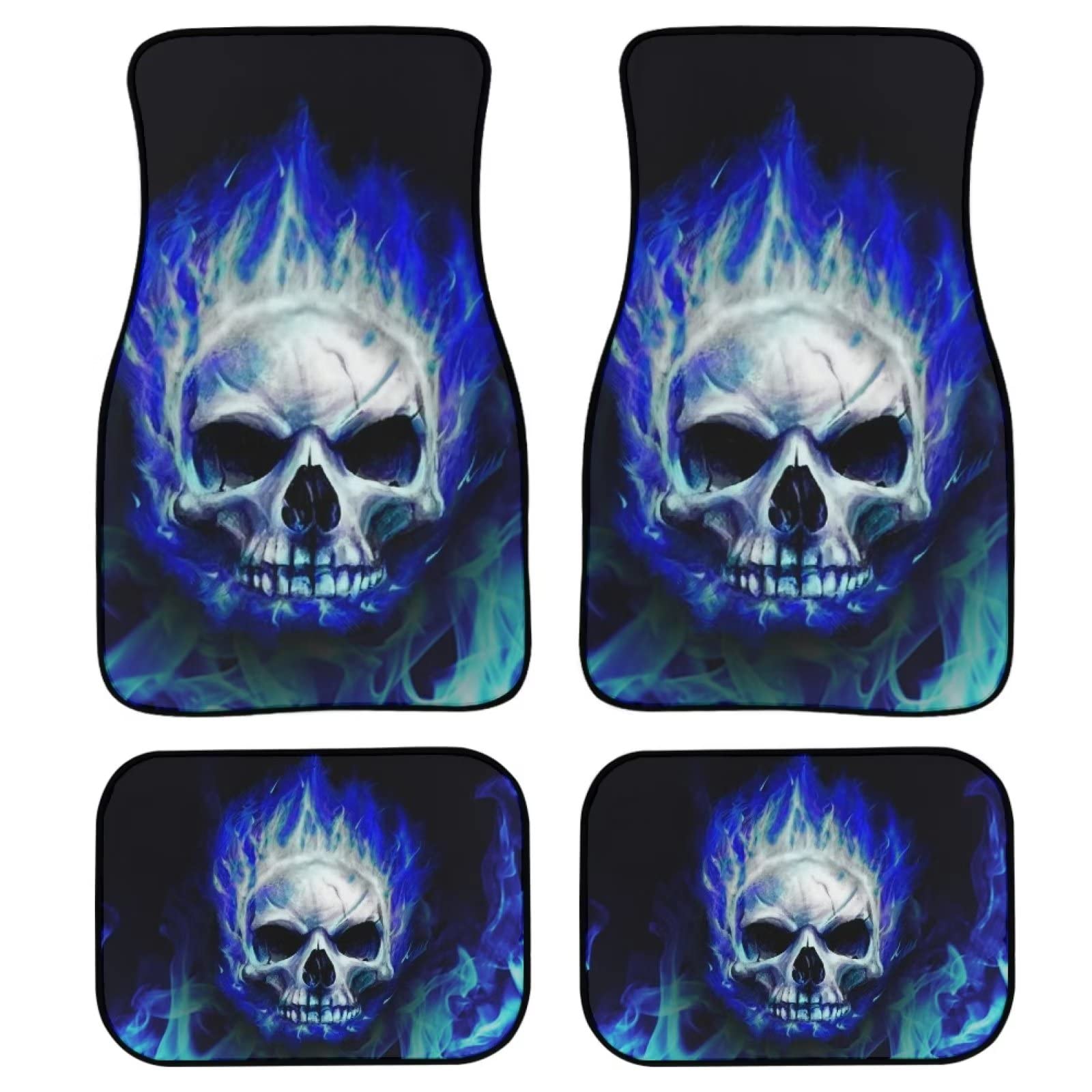 Coloranimal Blaue Flamme Skull Auto Bodenmatte 4 Stück Skelett Fahrzeugmatten für Vorder- und Rückseite Universal Anti-Rutsch Teppich Schutz Zubehör von Coloranimal