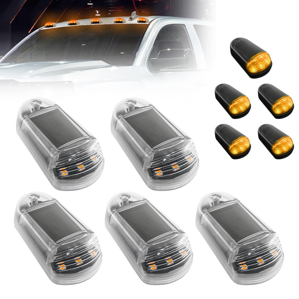 ComedyKing Solar Powered Cab Lights, 2025 Neuest 5 Stück Solarenergie Dach Begrenzungsleuchten mit Kleberücken, Solarbetriebene Kabinenleuchten, ABS Materials für Pickup LKW (Transparent Orange) von ComedyKing