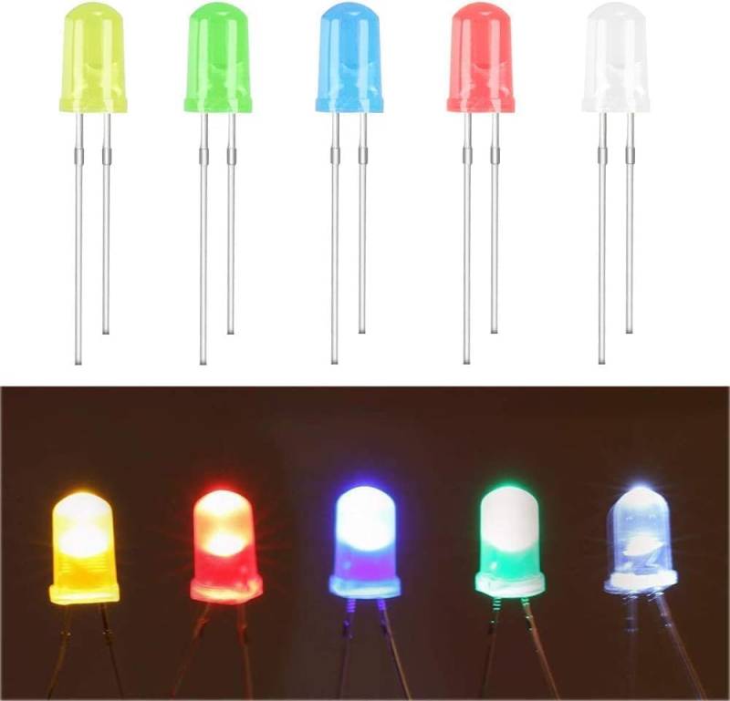 100 Stück LED Leuchtdiode, 5mm LED Dioden 3V Leuchtdiode sortiment Kit 5 Farben Rot Blau Gelb Grün Weiß Rundkopf 2 Pin Extra Hell LED Licht, Diffus Dioden Set (20pcs Jede Farbe) von Comforty