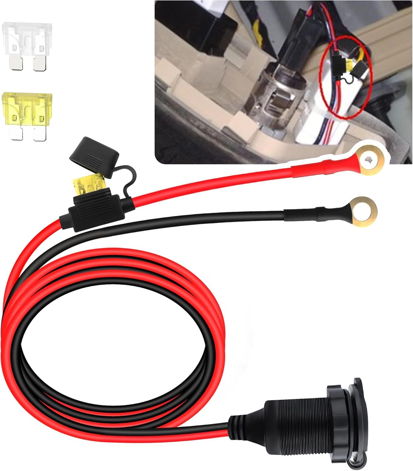 12V Verlängerungskabel Zigarettenanzünderbuchse 1 Meter 14AWG Kabel mit Ringkabelschuhen 20A Sicherung Ladegerät Adapter Auto Wasserdicht für 12V/24V Batteriestrom LKW Wohnmobil Geräte von Comforty