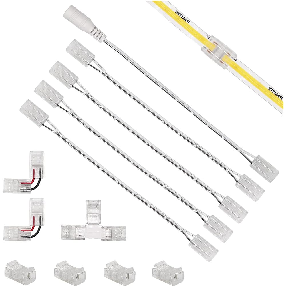 COB-LED-Streifen-Stecker-Set für 8 mm breite COB-Streifen, 2-polig, 4 Stück transparente Mittelstecker, 2 Stück L-Form, 1 Stück T-Form und 4 Stück Dual-End-Verlängerungsdrähte 15 cm mit 1 Stück DC von Comforty