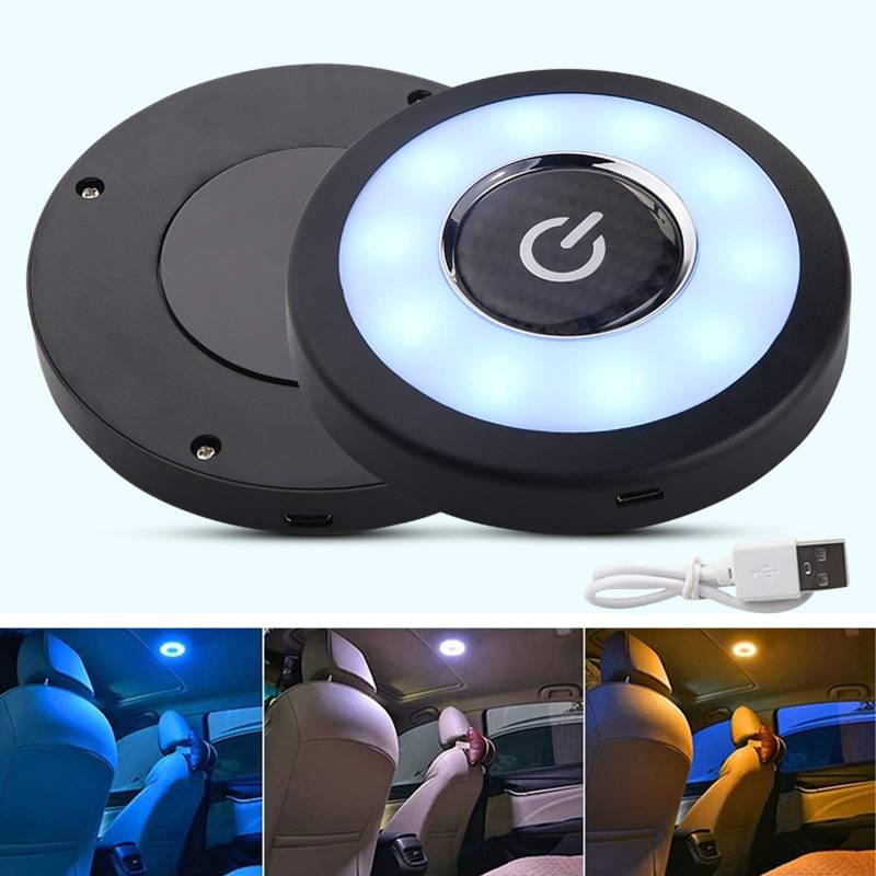 3 Farbe LED Auto Nachtlicht, USB Aufladbare Nachtlampe CAR Deckenleuchte Leselampe, Selbstklebende Magnetischer Led Licht für Car LKW Schrank Camping Lager Wohnwagen Zimmer (Blau & Gelb) von ConBlom