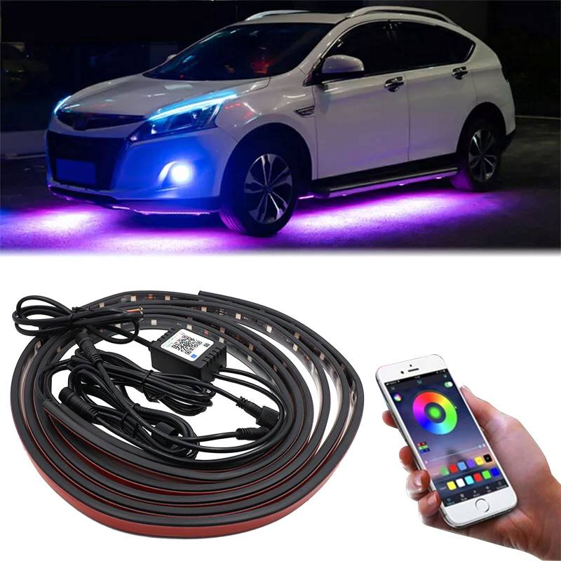 Unterbodenbeleuchtung Auto, 47&35 Zoll 12V LED Unterboden Neon Light RGB Chassis Light mit Sprachsteuerung und Anwendungssteuerung, Atmosphere Beleuchtungs-Kit (90cm x 2+120cm x 2) von ConBlom