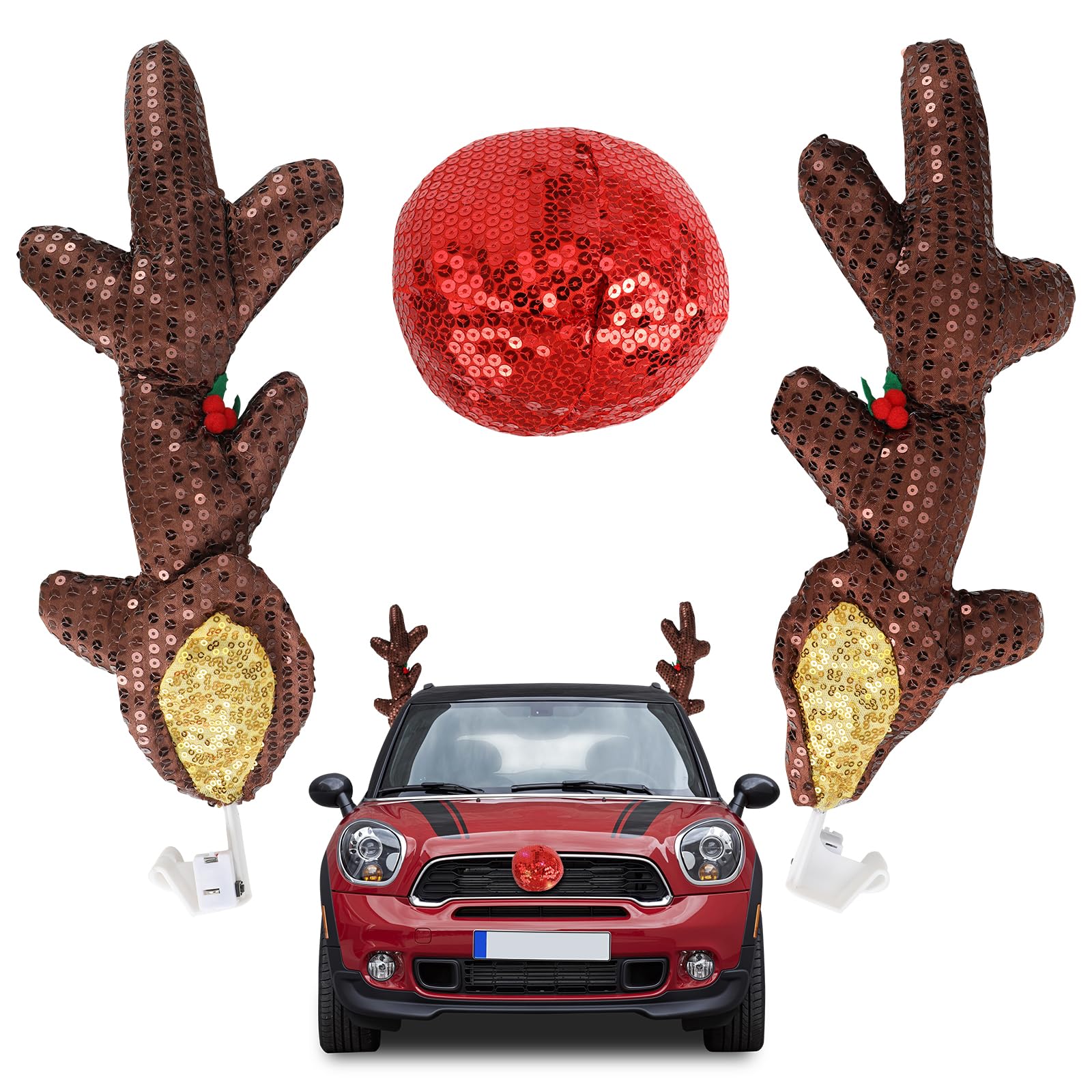 ConBlom Weihnachten Auto Rentier Geweih und rote Nase Set, Fahrzeug Weihnachtsdekoration Auto Dekoration Rentier Kit Rudolph Rentier und rote Nase für Autozubehör Weihnachts-Geweih (ohne Licht) von ConBlom