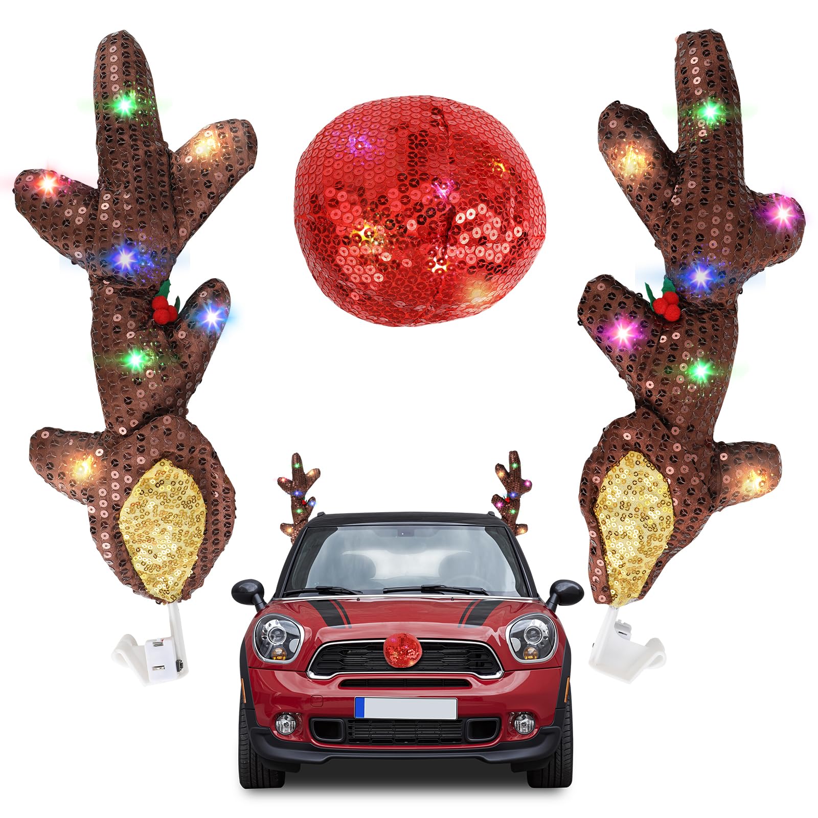 ConBlom Weihnachten Auto Rentier Geweih und rote Nase Set, Fahrzeug Weihnachtsdekoration Auto Dekoration Rentier Kit Rudolph Rentier und rote Nase für Autozubehör Weihnachts-Geweih (mit Licht) von ConBlom