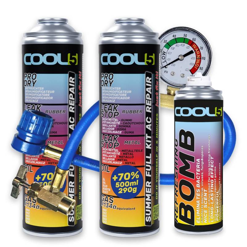 Cool5 Klimaanlagen Reparatursatz Summer Full Kit AC Repair Summer AC Recharge + Öl + Refreshing Bomb (2 DOSEN 5in1 +1 Schlauch +1 Dose Refreshing Bomb) von Cool5