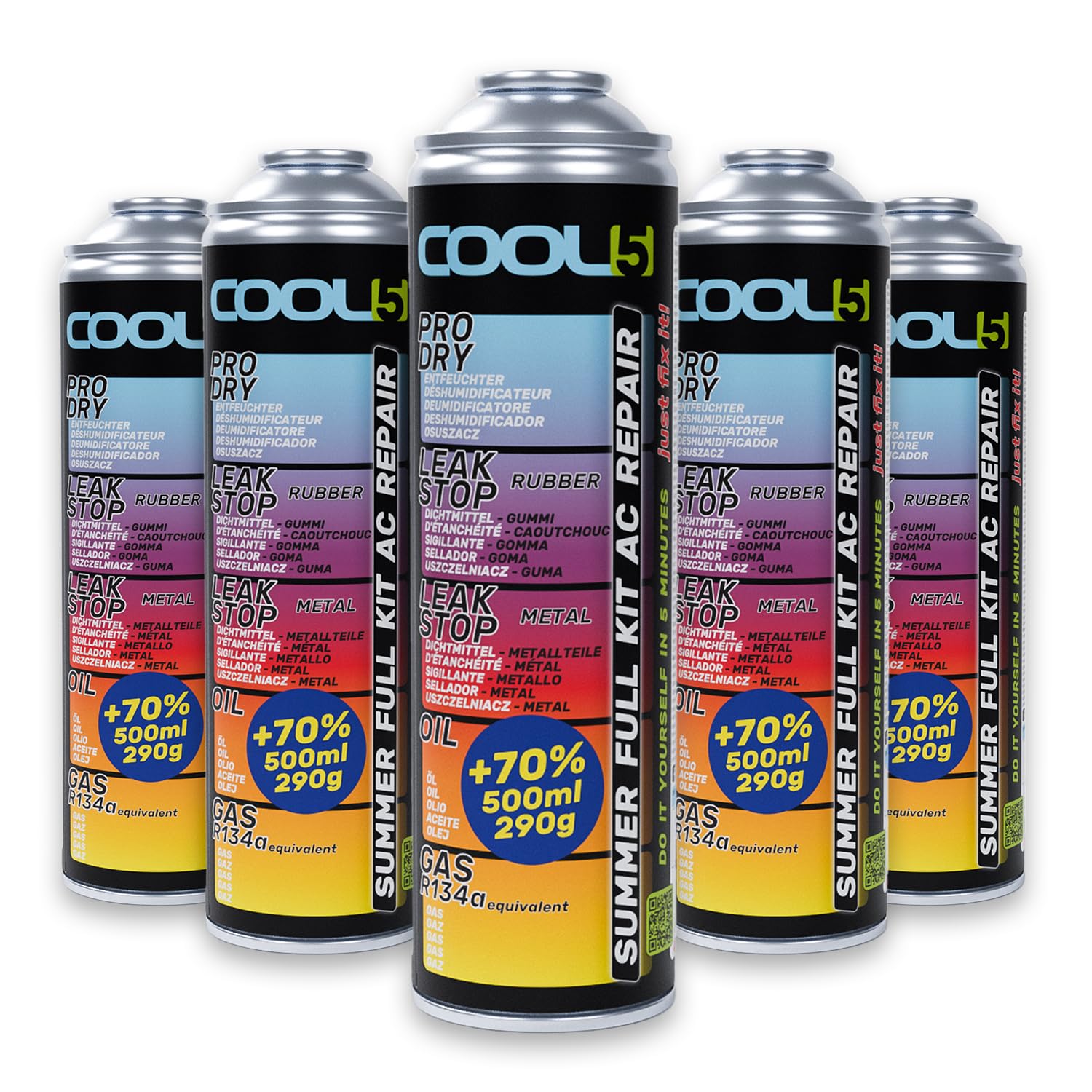 Cool5 5X Summer Full KIT AC 5in1 - Kältemittel Gas, Klimaanlagenöl, Dichtmittel für Aluminium- und Gummiteile, Trockenmittel - für Autos 1995 und 2016 - Großpackung 290 g Netto (5X Full KIT AC 5in1) von Cool5