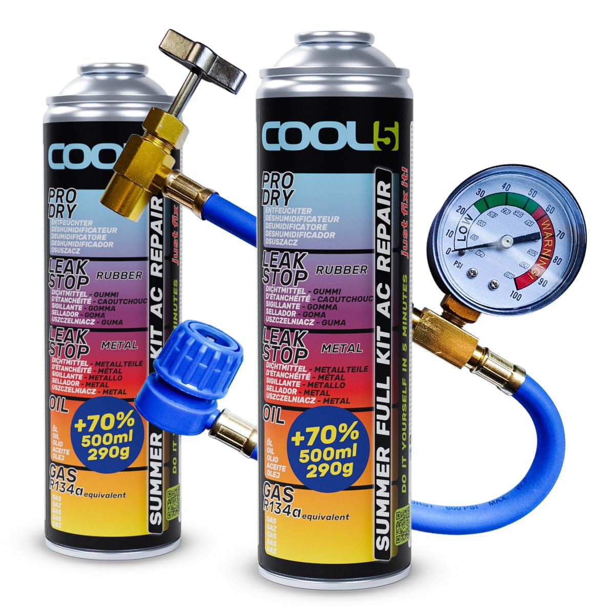 Cool5 Full KIT AC 5in1 (2 Dosen 5in1 290g R134a Autos 1995-2016 + Schlauch) von Cool5