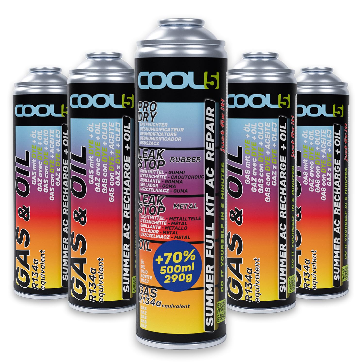 Cool5 Full KIT AC 5in1 (4 Dosen 2in1 + 5in1 290g R134a Autos 1995-2016) von Cool5