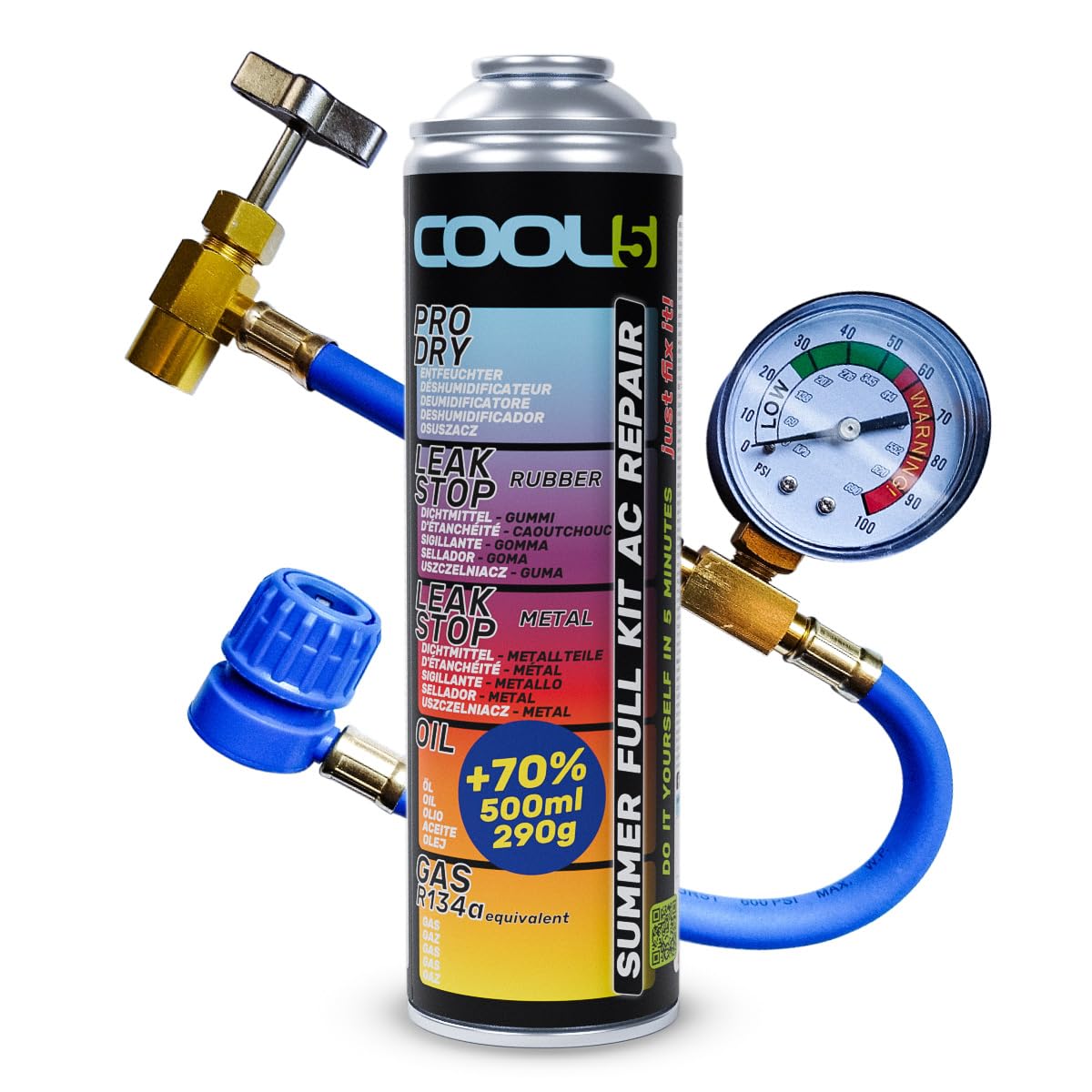 Cool5 Klimaanlagen Reparatursatz Sommer Full KIT AC 5in1 (R134a & R12 Gas Ersatz) mit Messschlauch - Für Autos 1995-2016, 290g +70% Produkt - Einfache Anwendung von Cool5