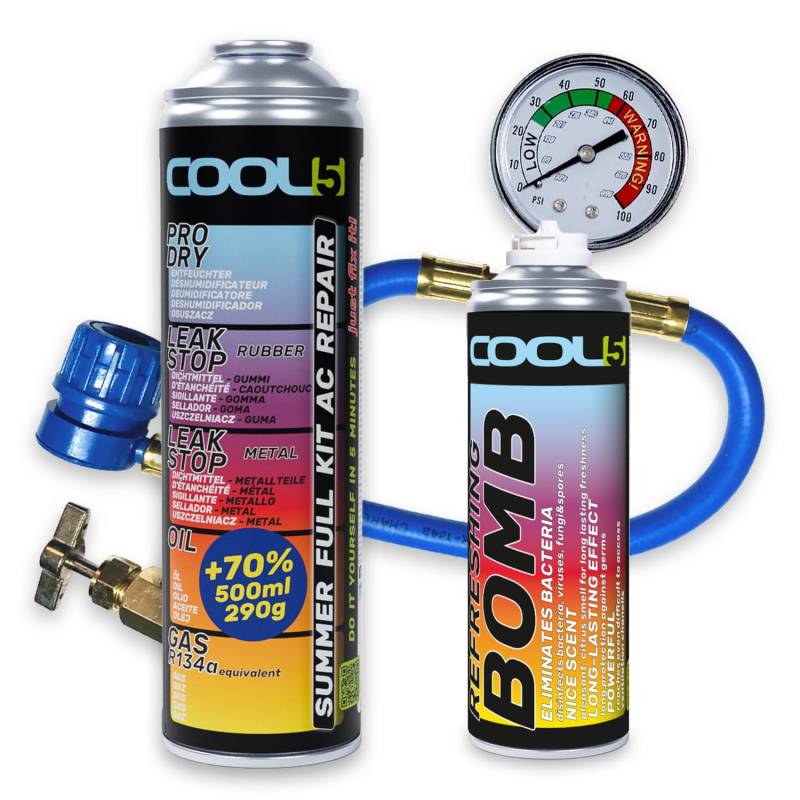 Cool5 Klimaanlagen Reparatursatz Sommer Full KIT AC 5in1 (R134a Gas Ersatz) mit Messschlauch - Für Autos 1995-2016, 290g +70% Produkt Refreshing Bomb von Cool5