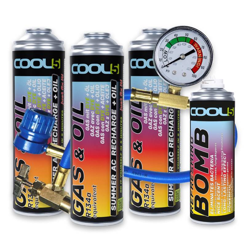 Cool5 Klimaanlagen Reparatursatz Summer Full Kit AC Repair Summer AC Recharge + Öl + Refreshing Bomb (3 DOSEN 2in1 +1 Schlauch +1 Dose Refreshing Bomb) von Cool5