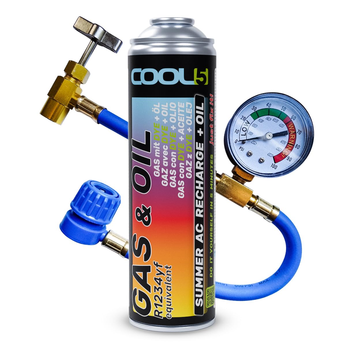 Cool5 Klimaanlagen-Reparaturset Sommer-Komplett-KIT - Kältemittel-Gas-Ersatz mit Öl (R1234yf-Gas-Ersatz) mit Messschlauch - für Fahrzeuge ab Baujahr 2017, 290g +70% Produkt von Cool5