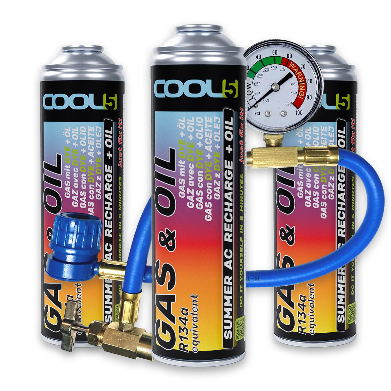 Cool5 Summer AC Recharge + Öl - KIT 2in1 (3 Dosen 2in1 290g R134a Autos 1995-2016 + Schlauch) von Cool5