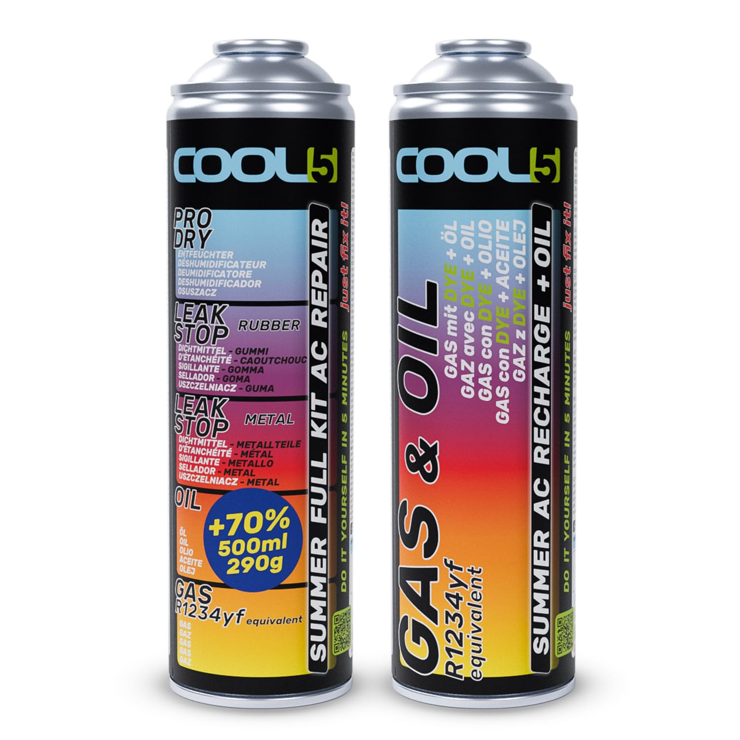 Cool5 - Summer Full KIT AC 5in1 + Summer AC Recharge + Öl – Kältemittel und Ölwechsel - Gas (R1234yf), Klimaanlagenöl für Autos ab 2017 - Großpackung 290 g Netto (Single) von Cool5