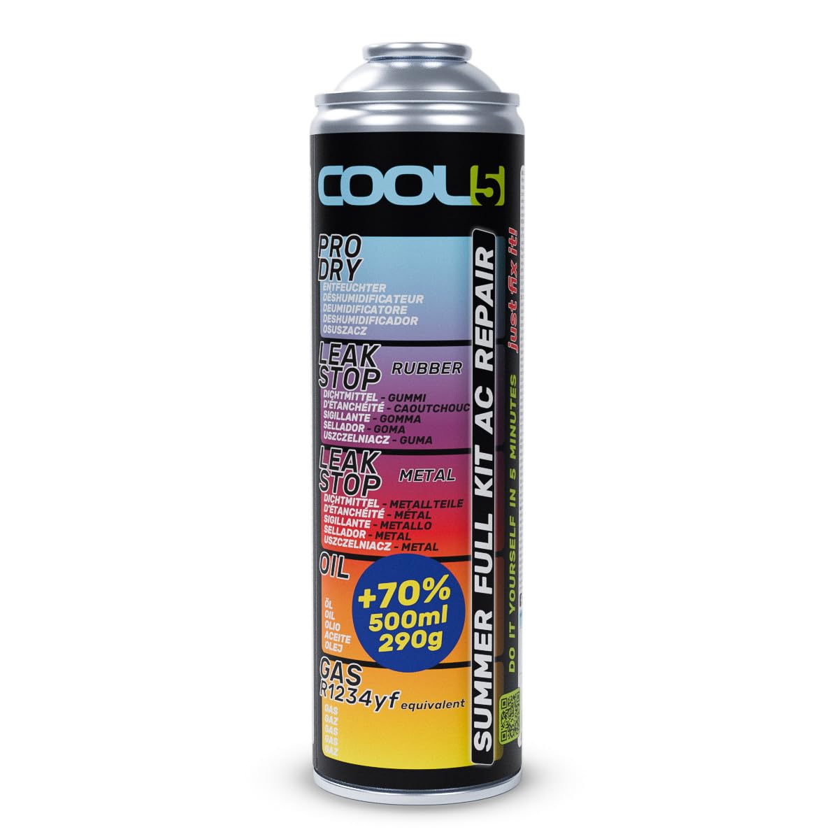 Cool5 - Summer Full KIT AC 5in1 - Kältemittel Gas, Klimaanlagenöl, Dichtmittel für Aluminium- und Gummiteile, Trockenmittel - für Autos ab 2017 - Großpackung 290 g Netto (Single) von Cool5