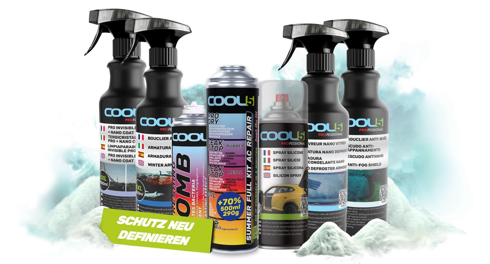 Cool5 Winter-Autoschutz-Kit XXL, 8 STK. - 4x1000ml + 2 Aerosole + Kältemittelersatz R134a + GRATIS Universalreiniger 500ml von Cool5