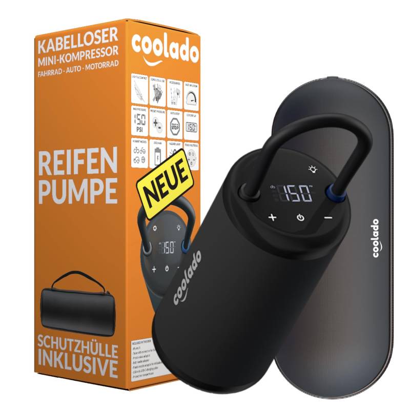 Coolado Bequemes Aufpumpen mit tPump X - tragbarer Mini-Kompressor für alle Reifen mit Manometer bis zu 10,3 BAR. von Coolado