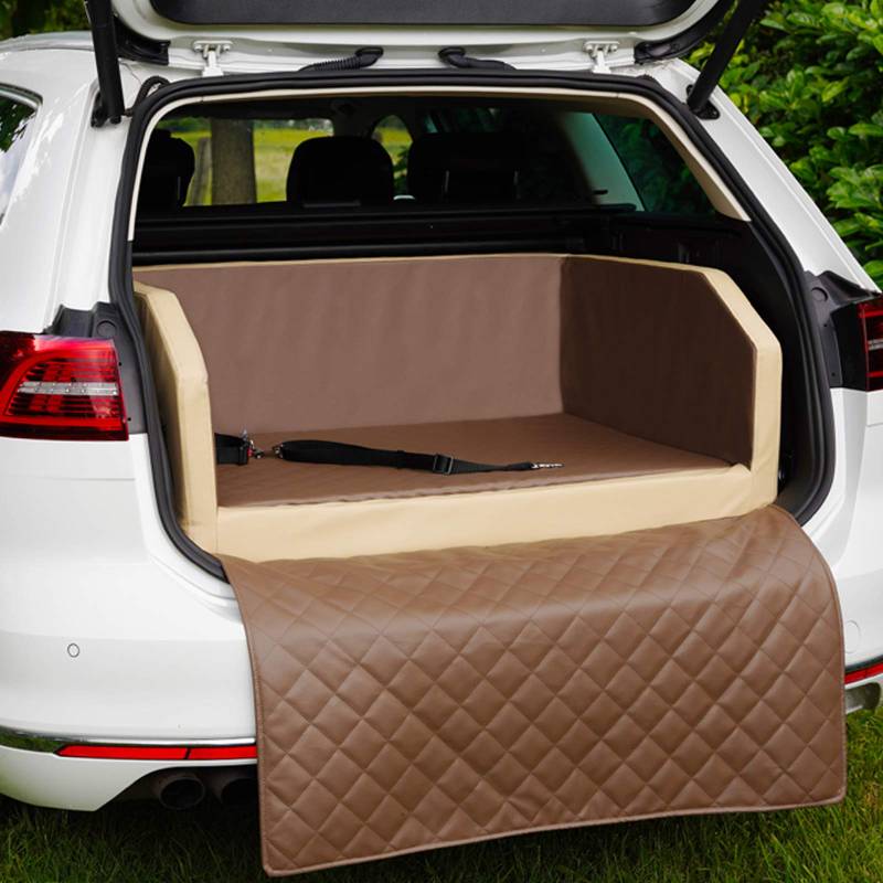 CopcoPet - Travel Bed Hundebett für Kofferraum 100x70x38cm Kunstleder - Kofferraumschutz Hund wasserabweisend & Kratzfest - Hundebett Auto mit Anschnallsystem & Schutzdecke - Reisebett Hund Mocca von CopcoPet