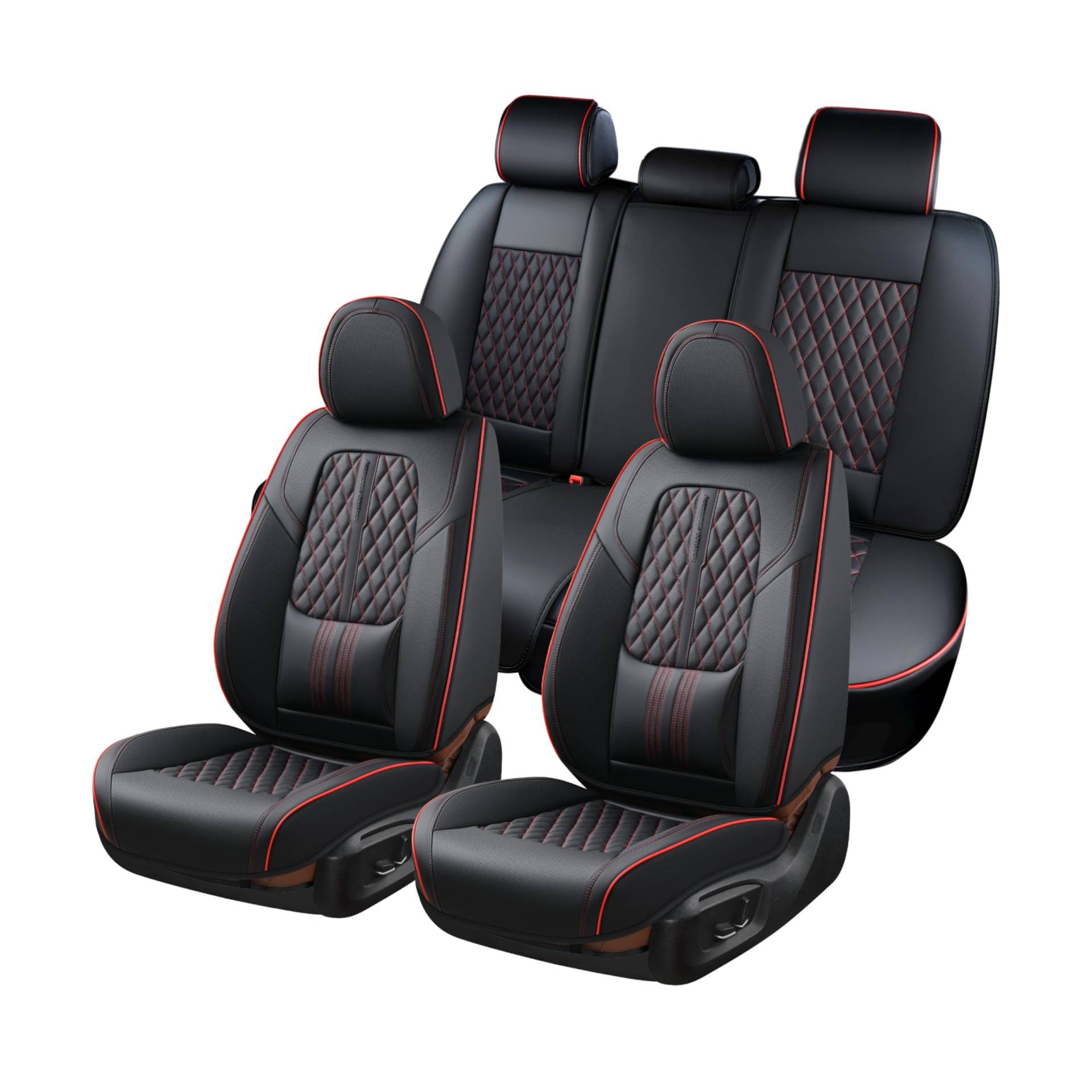 Coverado Sitzbezug Auto Set, Universal Sitzbezüge Vorne und Hinten mit Rückenlehne, Nappa Leder Autositzschutz Wasserdicht, Universell für die meisten Fahrzeuge, Schwarze&Rote Linie von Coverado