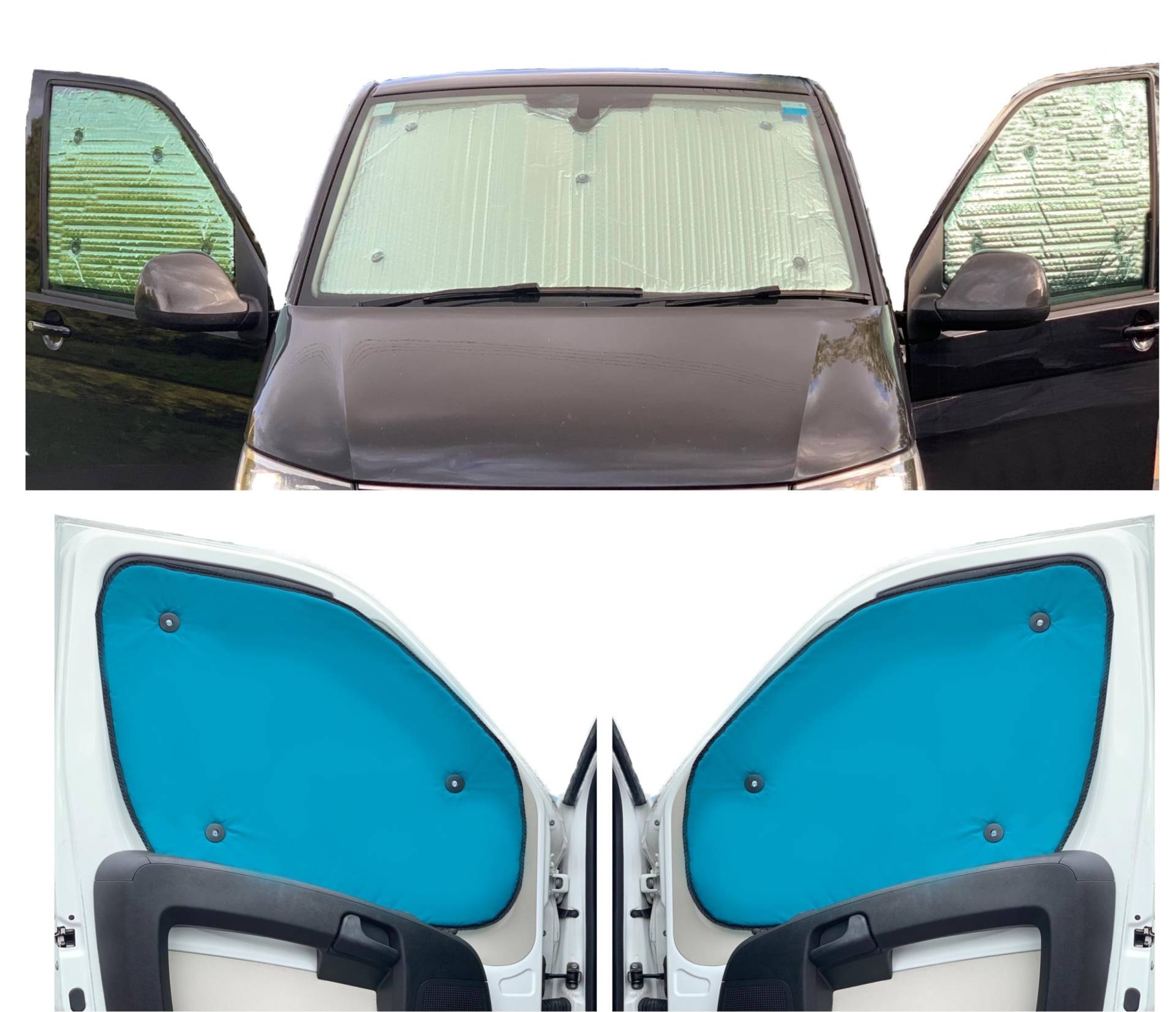 Thermo-Jalousien Kombatibel Mit FIAT Doblo (2015-2022)(Komplettset + Heckklappe) Rückenfarbe in Aqua, Reversibel und Thermisch von Covprotec