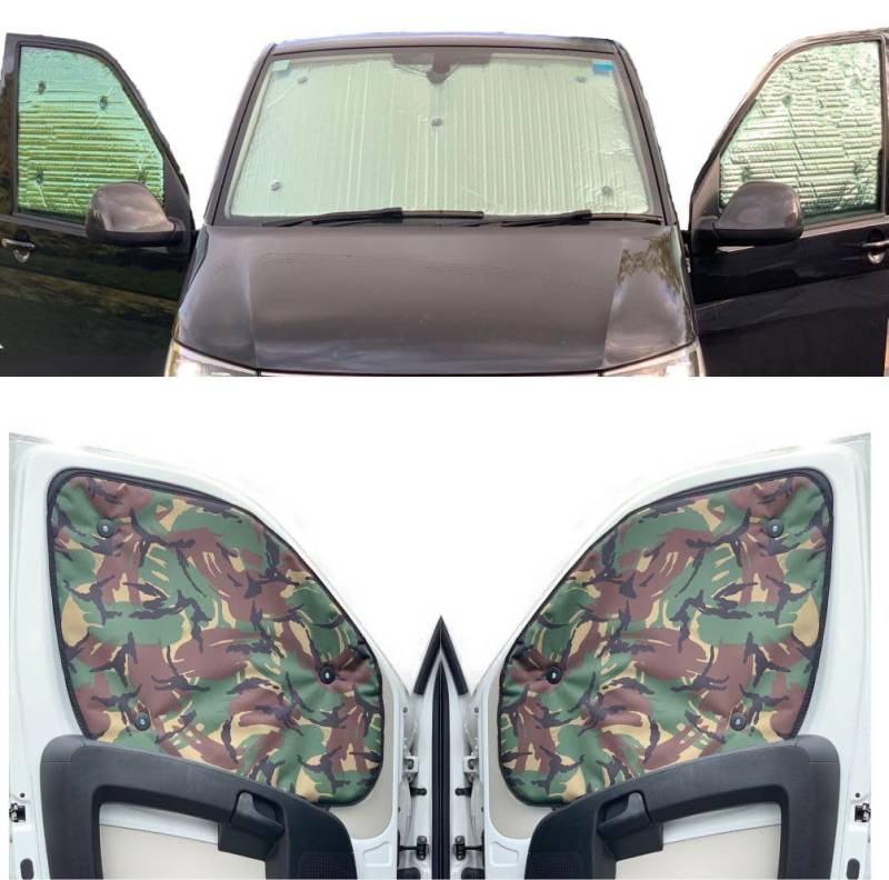 Fensterrollo-Set Kombatibel Mit FIAT Doblo (2010-2015)(Frontset) Rückenfarbe in Tarnfarbe, Reversibel und Thermisch von Covprotec