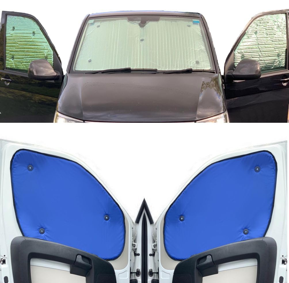 Fensterrollo-Set Kombatibel Mit VW Crafter (2000-2017)(Komplettset LWB + Scheunentore + ohne hintere Seitenwände) Hintergrundfarbe in Blau, Reversibel und Thermisch von Covprotec
