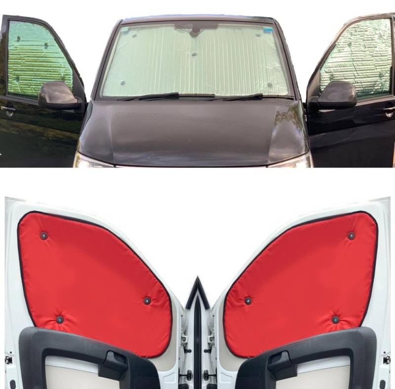 Fensterrollo-Set Kombatibel Mit VW T7 Transporter (2023-Date)(Komplettset LWB + Heckklappe) Rückseite einfärben Rot, Reversibel und Thermisch von Covprotec