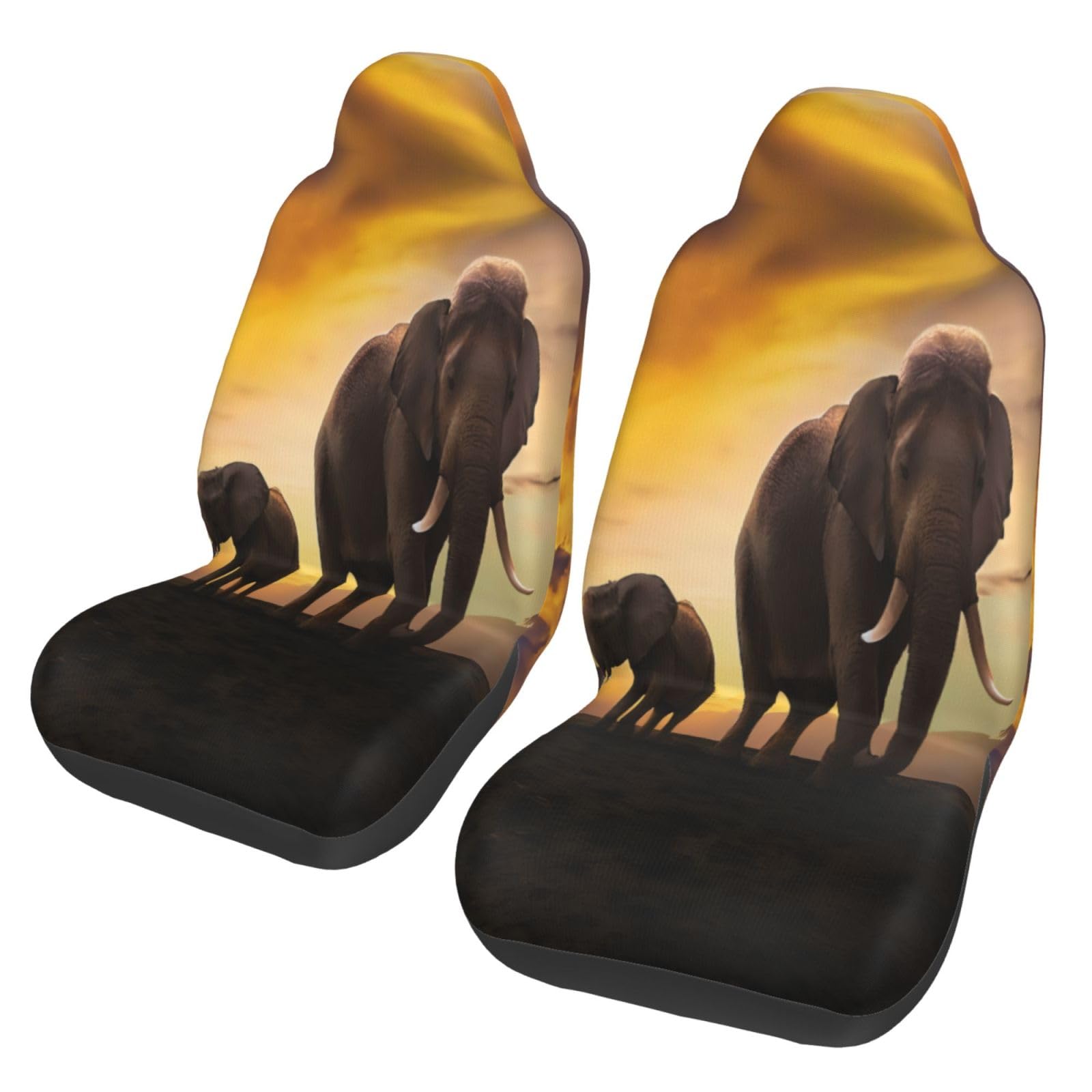 Sunset Elephantuniversal Auto-Vordersitzbezüge, rutschfest, Stoff-Sitzbezüge für die meisten Autos, LKWs, SUVs (52 x 55 x 83 cm), 2 Stück von Cowmmwoc