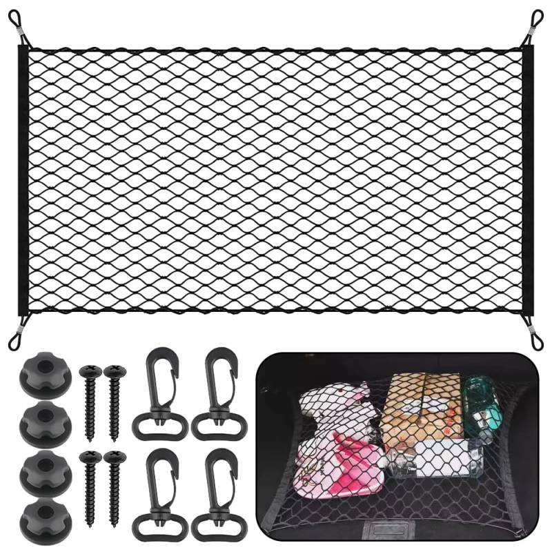 Coztie Kofferraumnetz Gepäcknetz Auto 110 x 60 cm Kofferraumnetz Auto, Trennnetz Gepäckfixierung, Kofferraum Netz Gepäcknetz Mit 4 Massiven Haken für Meisten Fahrzeugtypen Schwarz von Coztie