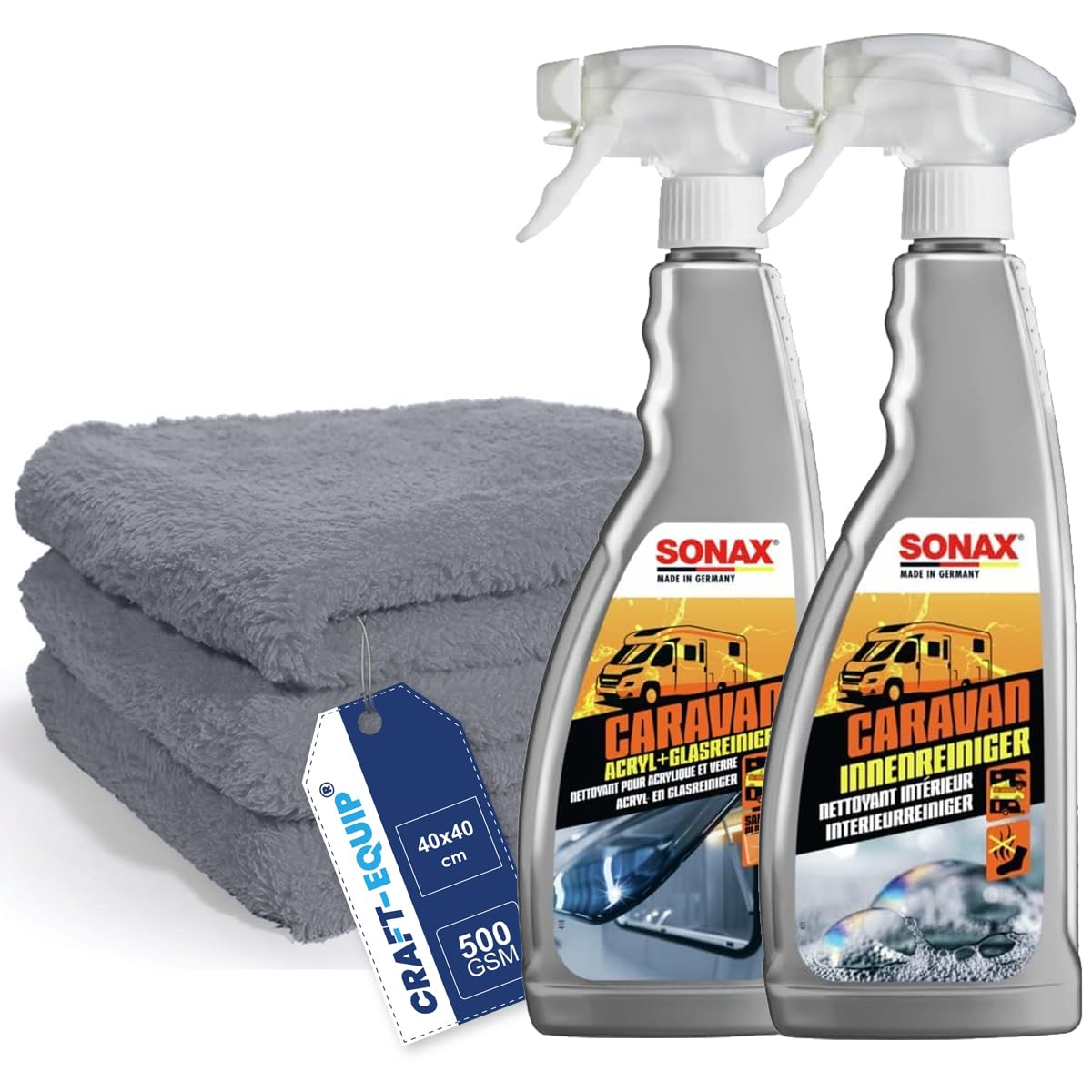 Craft-Equip Caravan-Reinigungs-Set bestehend aus dem SONAX 750ml Caravan Acryl/Glasreiniger + SONAX 750ml Caravan Innenreiniger + Zubehör (3x Microfasertücher) von Craft-Equip