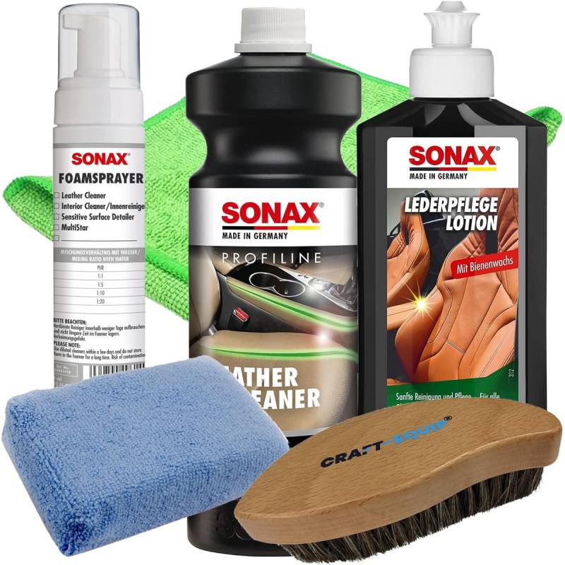 Craft-Equip Leder-Reinigungs-Set bestehend aus dem SONAX 1000ml Profiline Leather Cleaner + SONAX 250ml LederPflegeLotion + SONAX Foamsprayer + Zubehör (Microfasertuch, Lederbürste, Applikator) von Craft-Equip