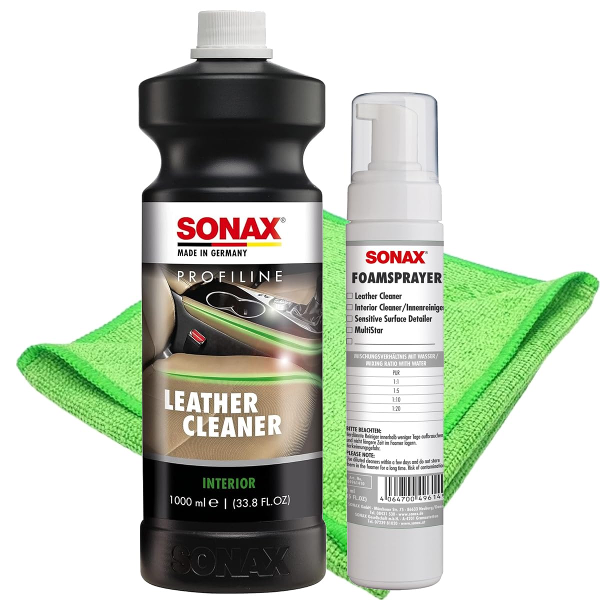 Craft-Equip Leder-Reinigungs-Set bestehend aus dem SONAX 1000ml Profiline Leather Cleaner + SONAX Foamsprayer + Zubehör (Microfasertuch) von Craft-Equip