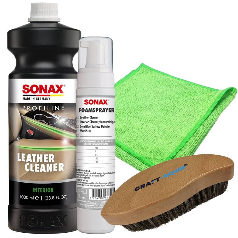 Craft-Equip Leder-Reinigungs-Set bestehend aus dem SONAX 1000ml Profiline Leather Cleaner + SONAX Foamsprayer + Zubehör (Microfasertuch, Lederbürste) von Craft-Equip